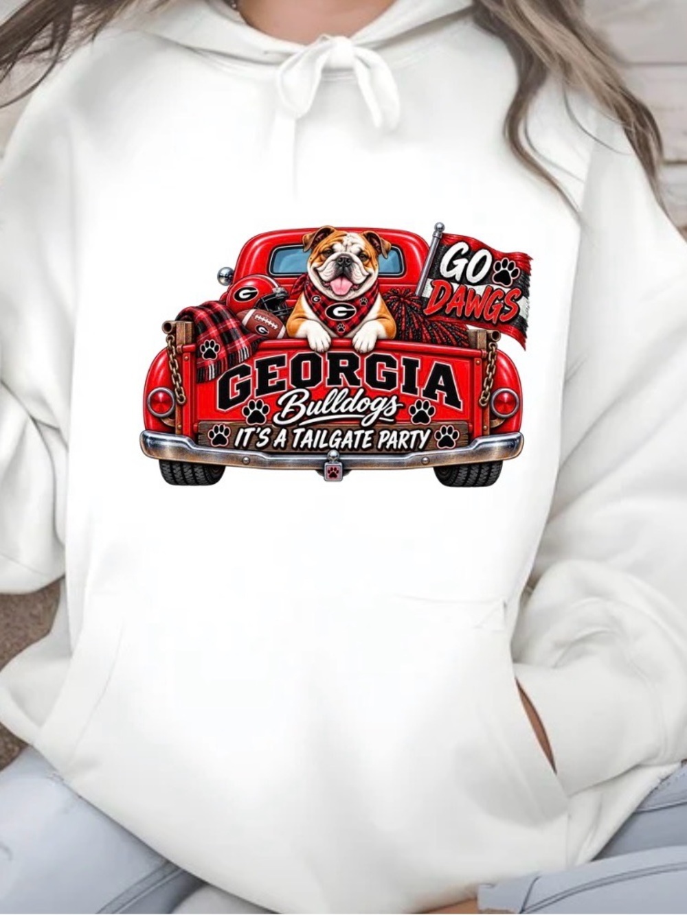 Gildan White Hoodie with Red Georgia Bulldogs Truck & Bulldog Graphic